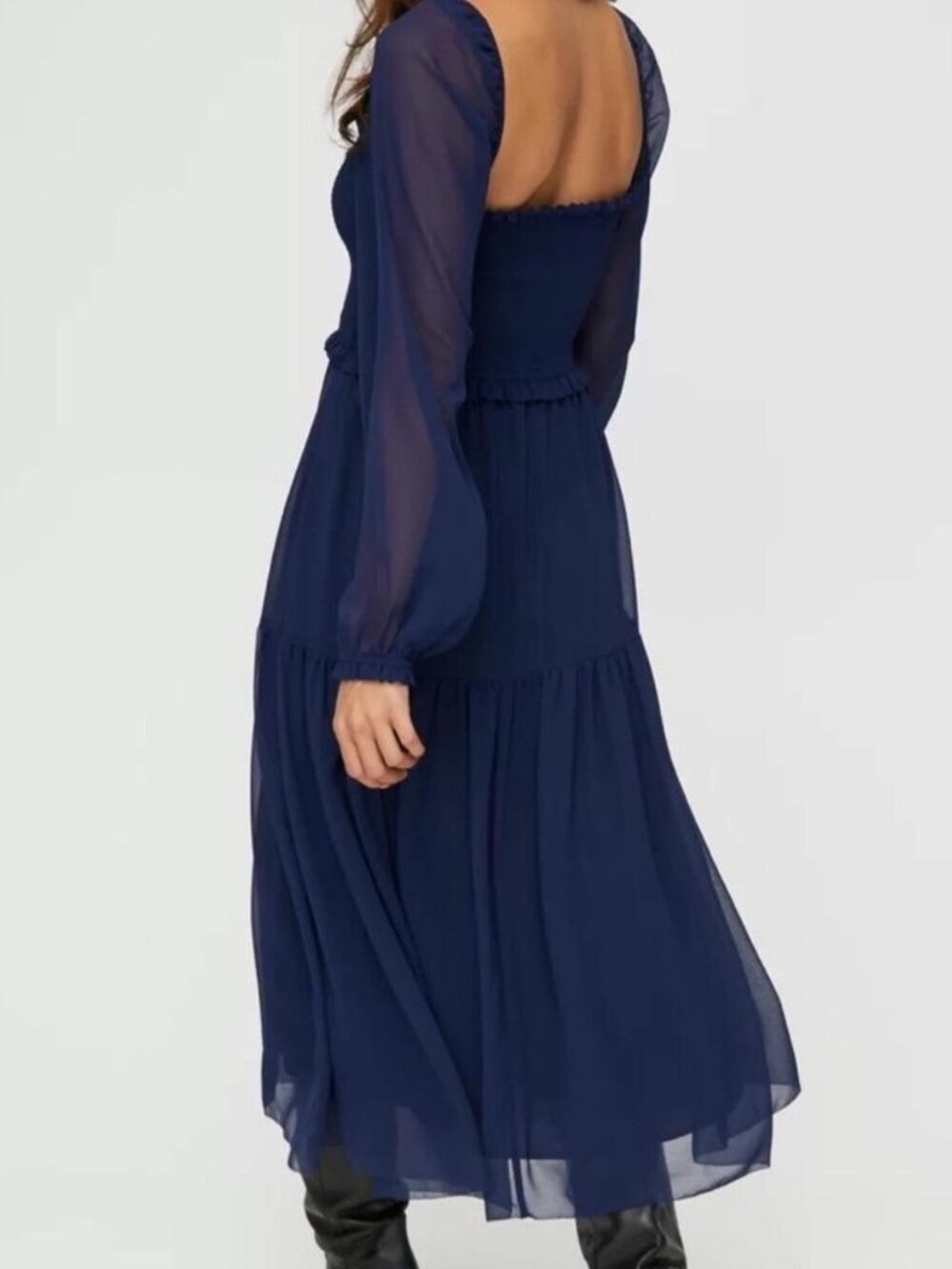 Aritzia Wilfred Laken Maxi Dress Square Neck Ruched Indigo Size Small - Picture 2 of 5